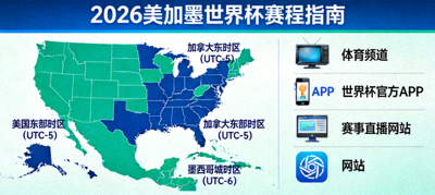 2026美加墨世界杯赛程指南，包含三个主办国时区地图与在线观看设备图标